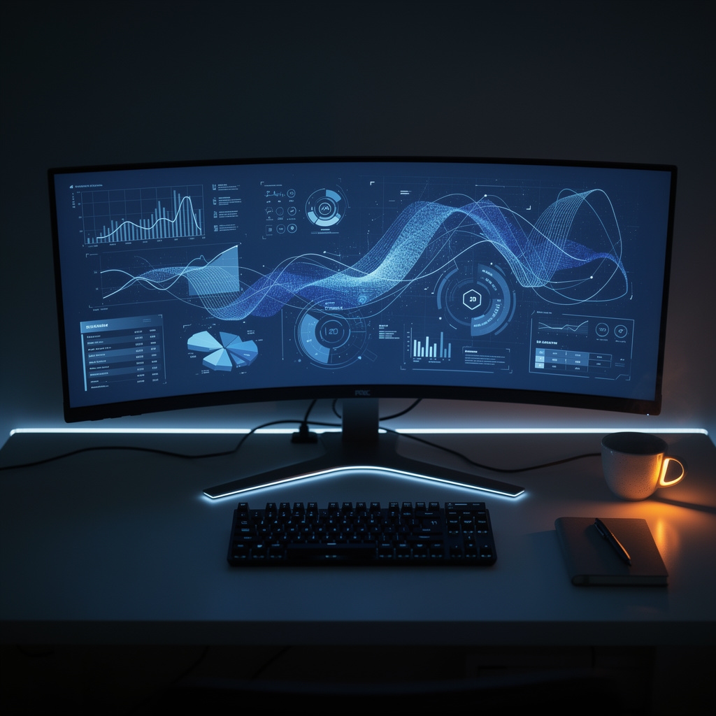 Espacio de trabajo digital moderno con pantallas y herramientas tecnológicas